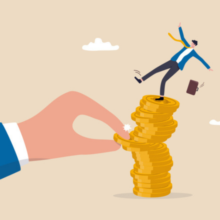 Investment risk from stock market crash, pull money or liquidity back, market volatility, unstable and uncertainty concept, giant hand pull back money from coin stack causing investor to fall down. - stock illustration