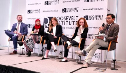 Todd Tucker, Sameera Fazili, Jane Flegal, Jennifer Harris, and K. Sabeel Rahman sitting on stage at Roosevelt's April 25, 2023 launch event for their new report.