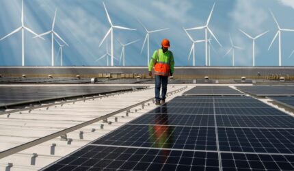 Man checking solar panels with windmills in the background
