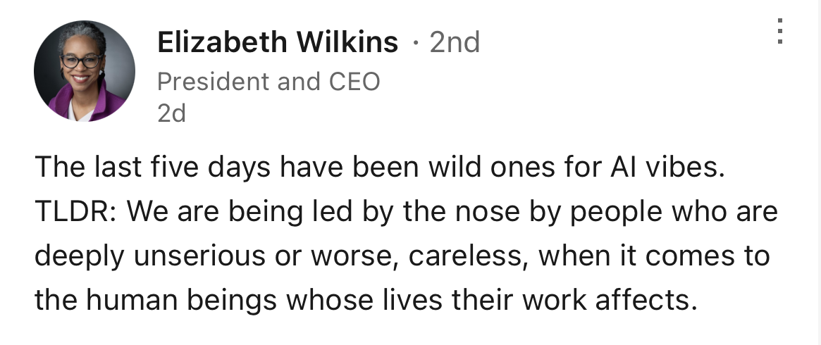 A LinkedIn post by Elizabeth Wilkins, President and CEO, with her profile photo. The post expresses concern about AI leadership, stating decisions are made carelessly, affecting peoples lives.