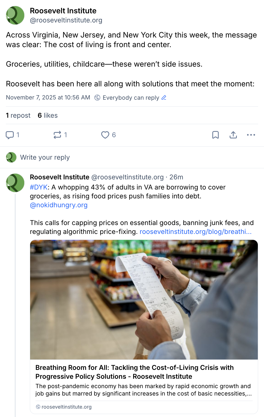 A LinkedIn post by Roosevelt Institute discusses rising costs of living—groceries, utilities, childcare—and shares an article about how 43% of Virginia adults borrow to afford groceries.