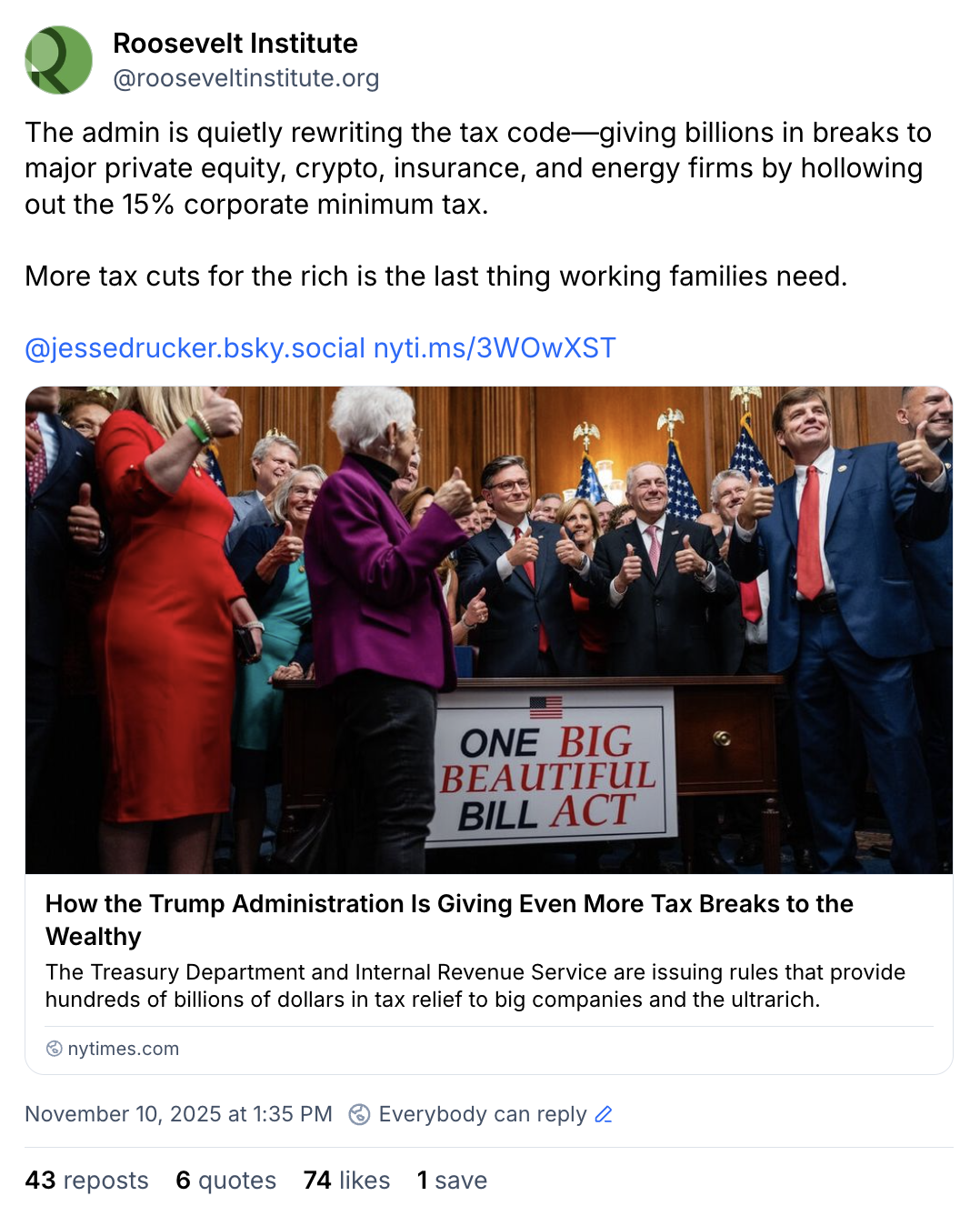 A group of people in suits stand behind a podium, smiling and applauding. A large sign on the podium reads “ONE BIG BEAUTIFUL BILL ACT.” The image accompanies a tweet discussing tax cuts favoring the wealthy.