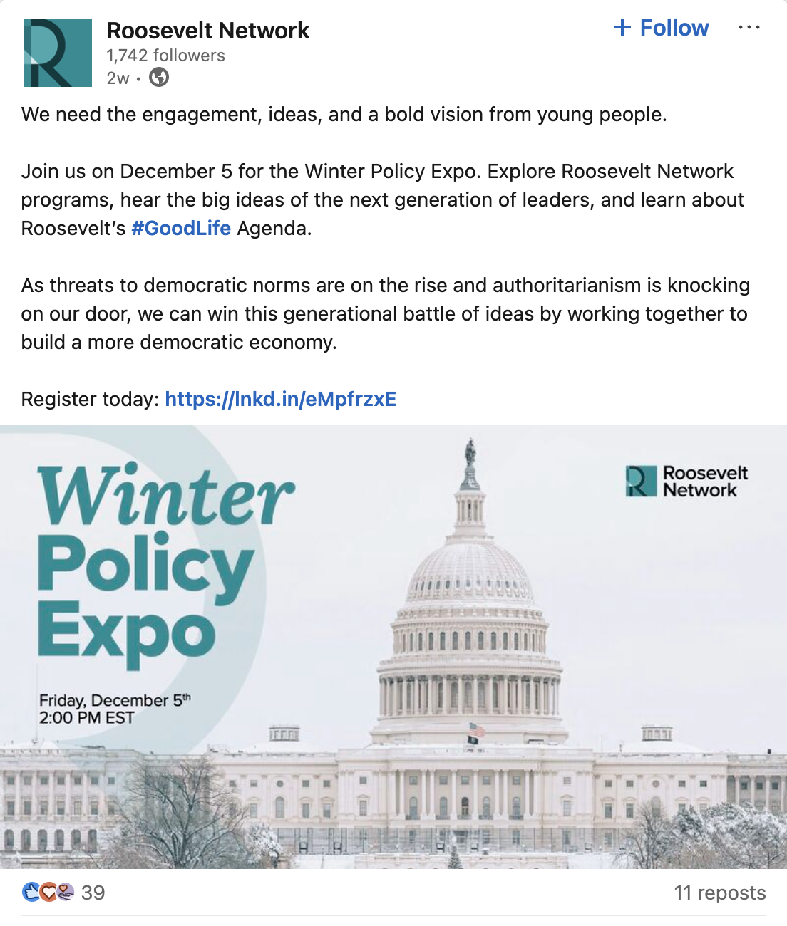 A social media post from Roosevelt Network promotes the Winter Policy Expo on December 5th, featuring an image of the US Capitol and event details. The post encourages young people to join and discuss democracy and policy ideas.