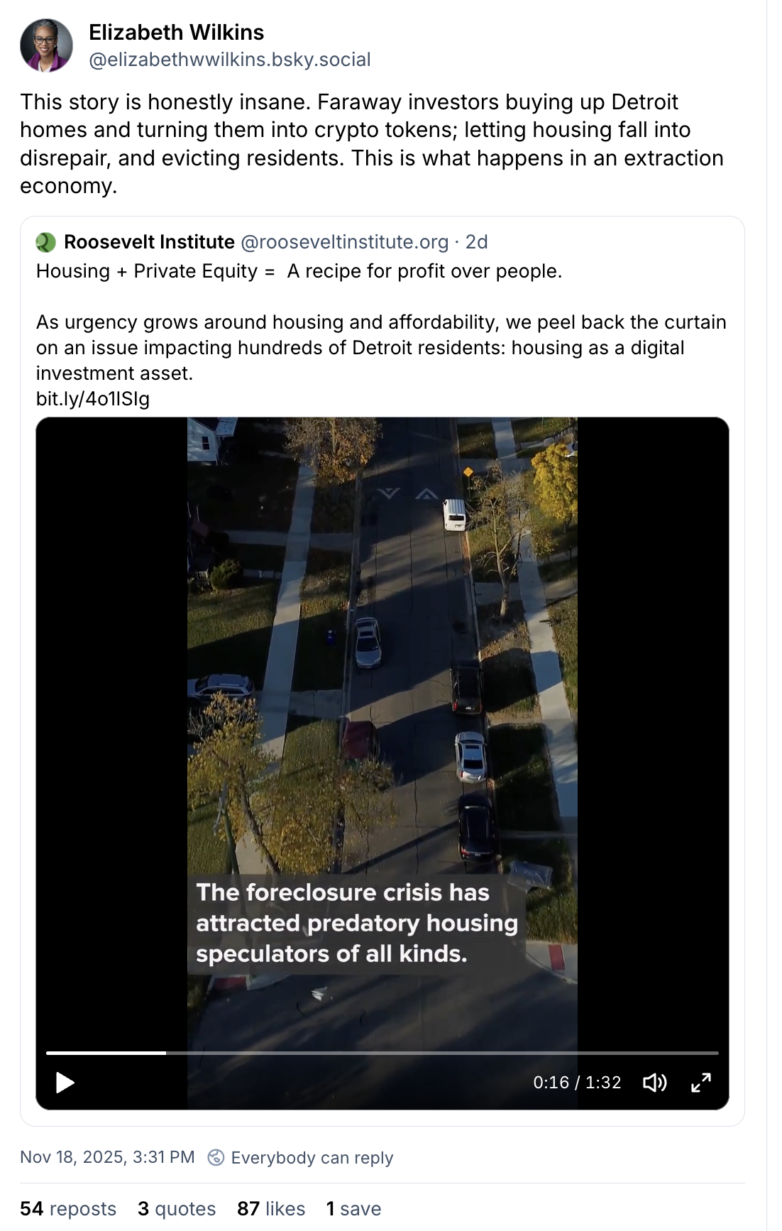 Aerial view of houses and tree-lined streets in Detroit with a text overlay: The foreclosure crisis has attracted predatory housing speculators of all kinds. Social media post discusses investors buying up Detroit homes.