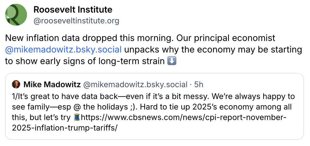 A Roosevelt Institute post links to a tweet by Mike Madowitz discussing new inflation data, mentioning early signs of long-term economic strain and including a link to a CBS News article on recent CPI reports.