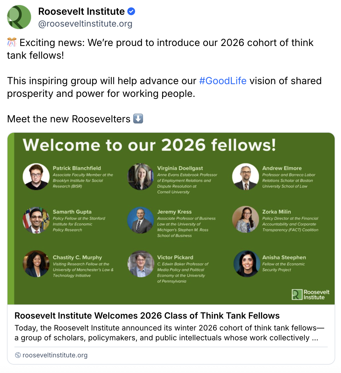 A social media post from the Roosevelt Institute announces their 2026 cohort of think tank fellows, featuring photos and names of eight new fellows under a green Welcome to our 2026 fellows! banner.