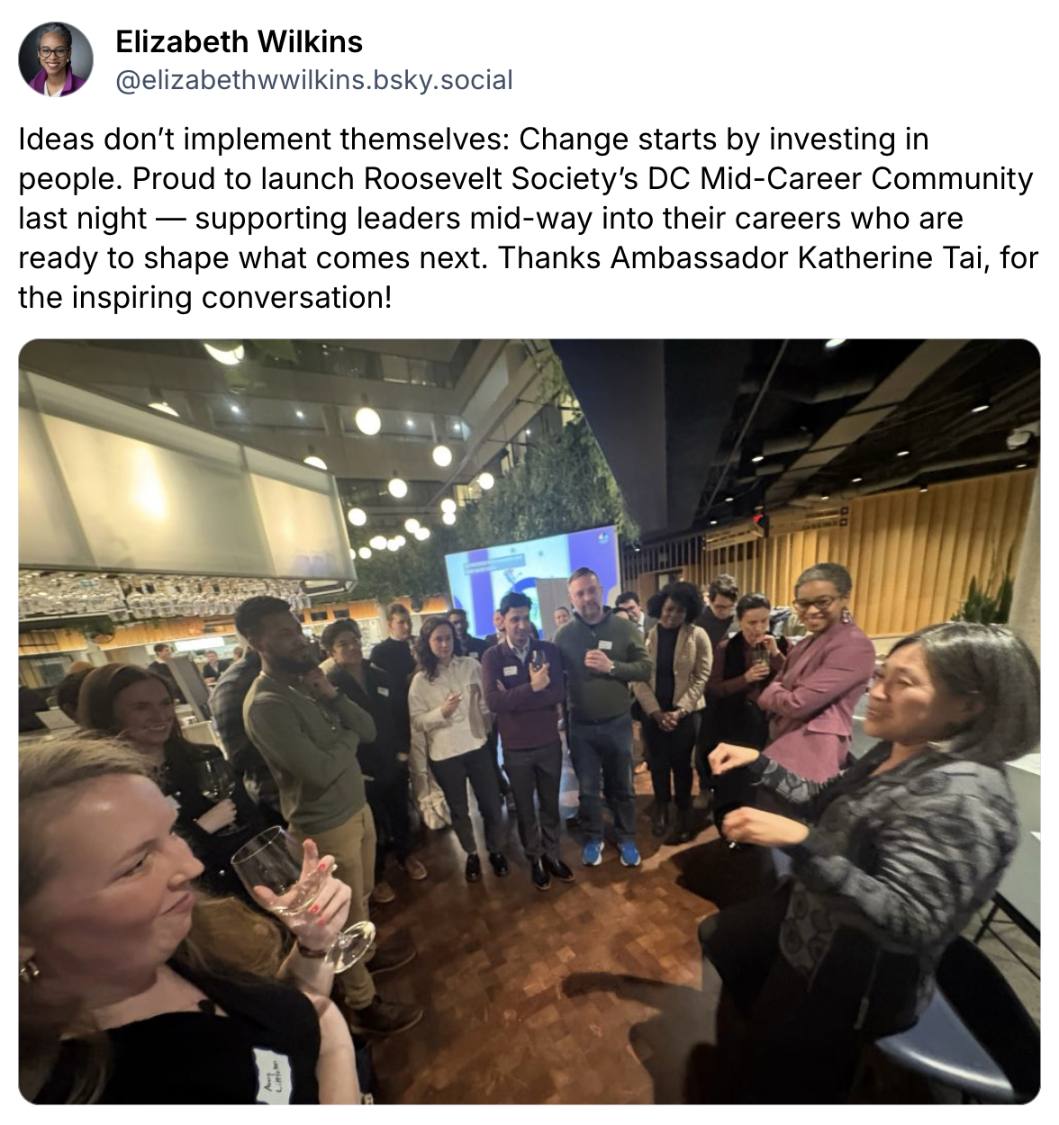 A Bluesky post from Elizabeth Wilkins celebrating Roosevelt Society's DC Mid-Career Community launch.