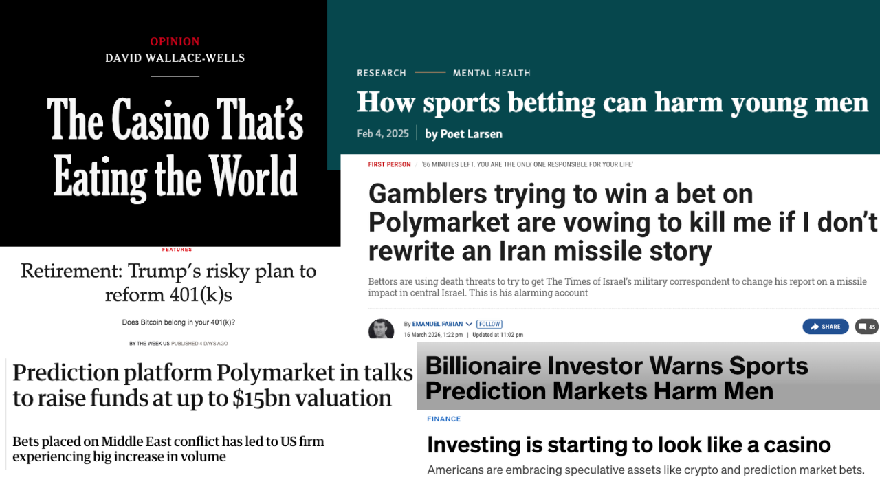 A collage of headlines expressing concerns about prediction markets and sports betting, highlighting risks, negative impacts on young men, and warnings from experts and investors.