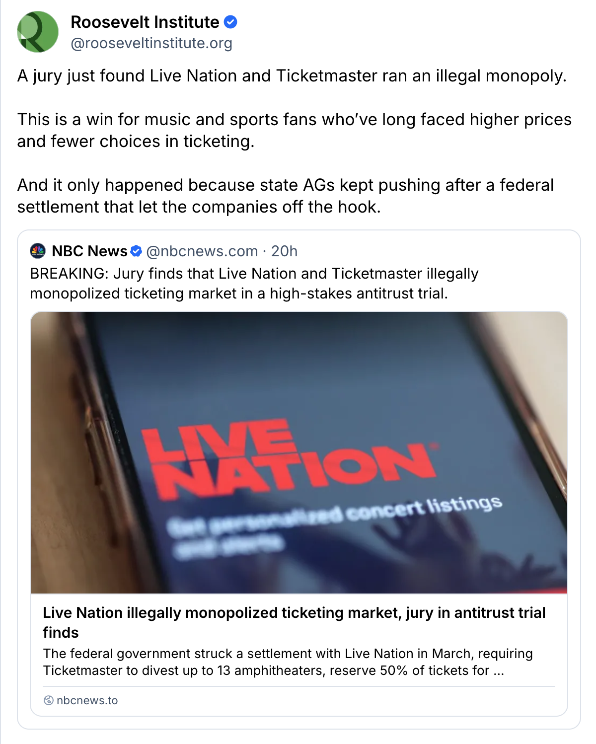 A Bluesky post from Roosevelt Institute discusses a jury finding Live Nation and Ticketmaster guilty of running an illegal monopoly, sharing an NBC News post about the antitrust verdict with a Live Nation graphic.