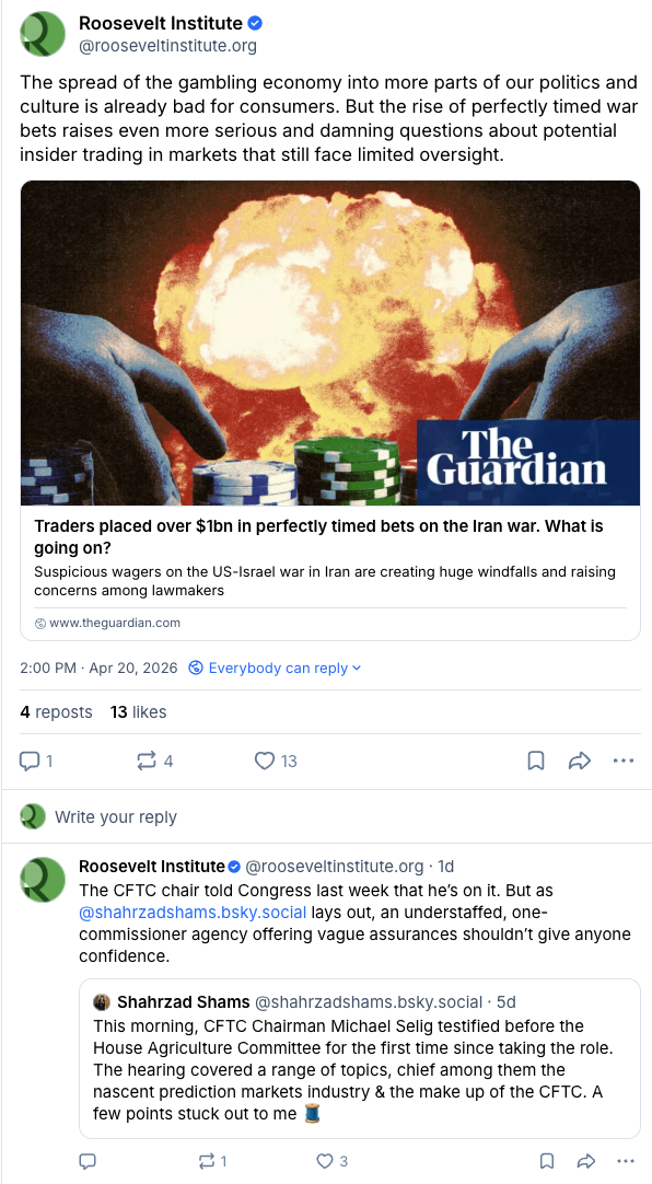 A news article from The Guardian titled Traders placed over $1bn in perfectly timed bets on the Iran war, data shows features an image of oil pumps with a sunset sky, highlighting concerns over suspicious market activity.