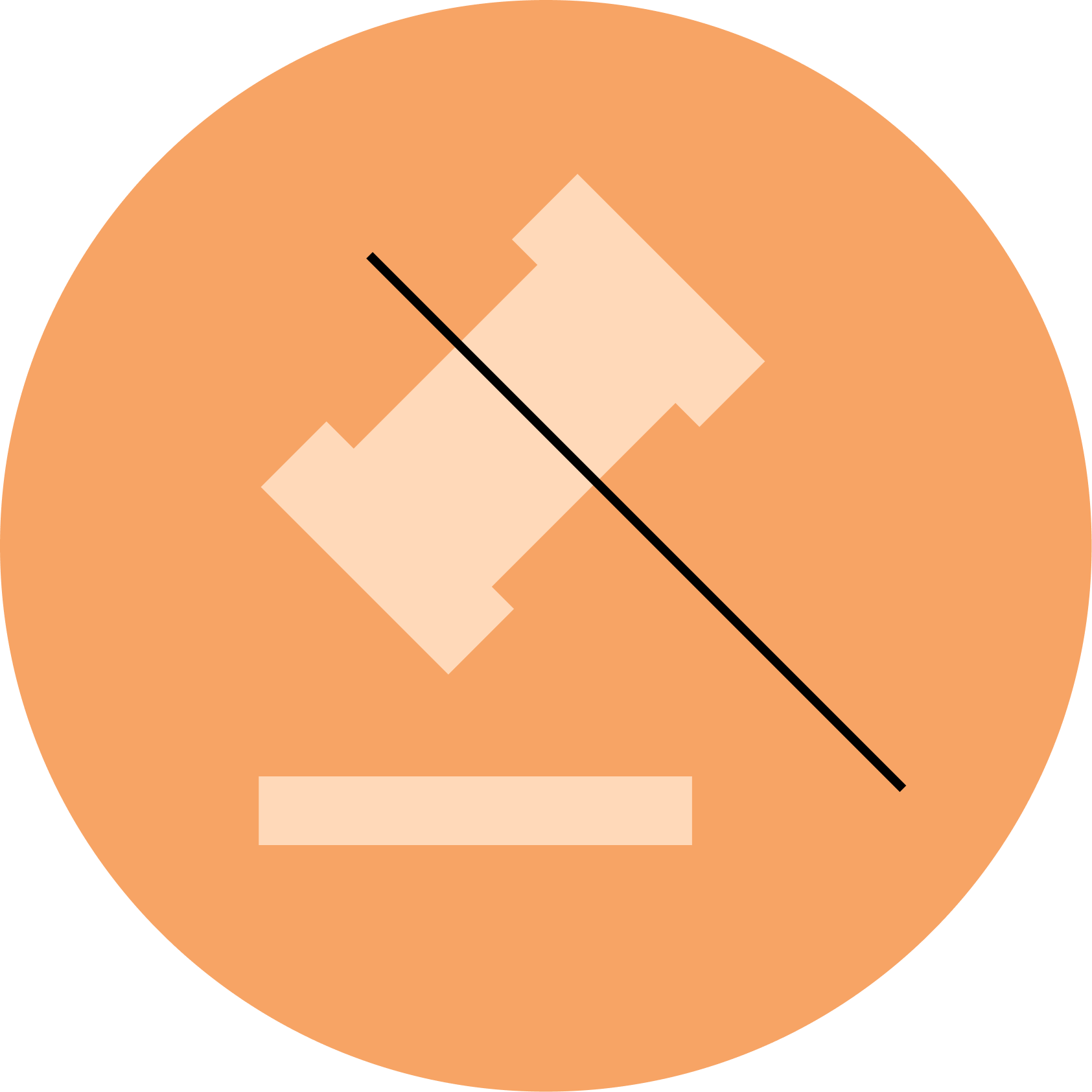 A light orange gavel crossed out with a black diagonal line inside an orange circle, symbolizing no judgment or no legal actions.