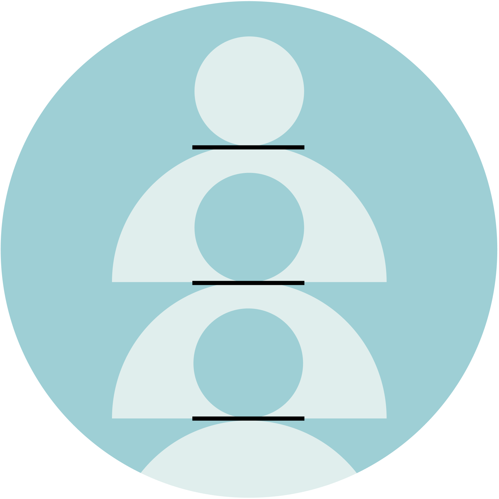 Minimalist illustration of three stacked circles and semicircles resembling human figures, arranged vertically inside a blue circle. Each “figure” is separated by a short black horizontal line.