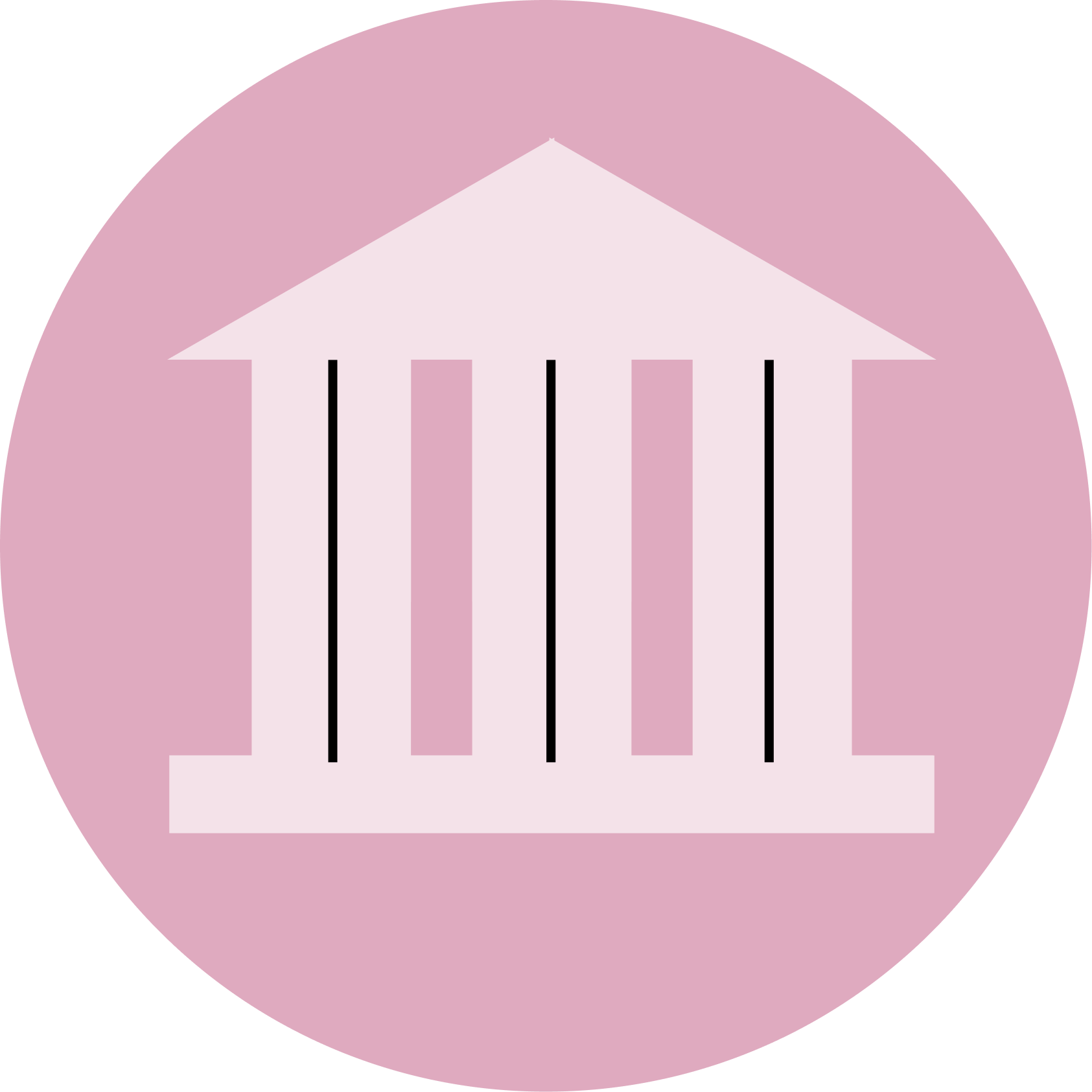 A white icon of a classical building with columns, resembling a bank or government structure, is centered on a pink circular background.