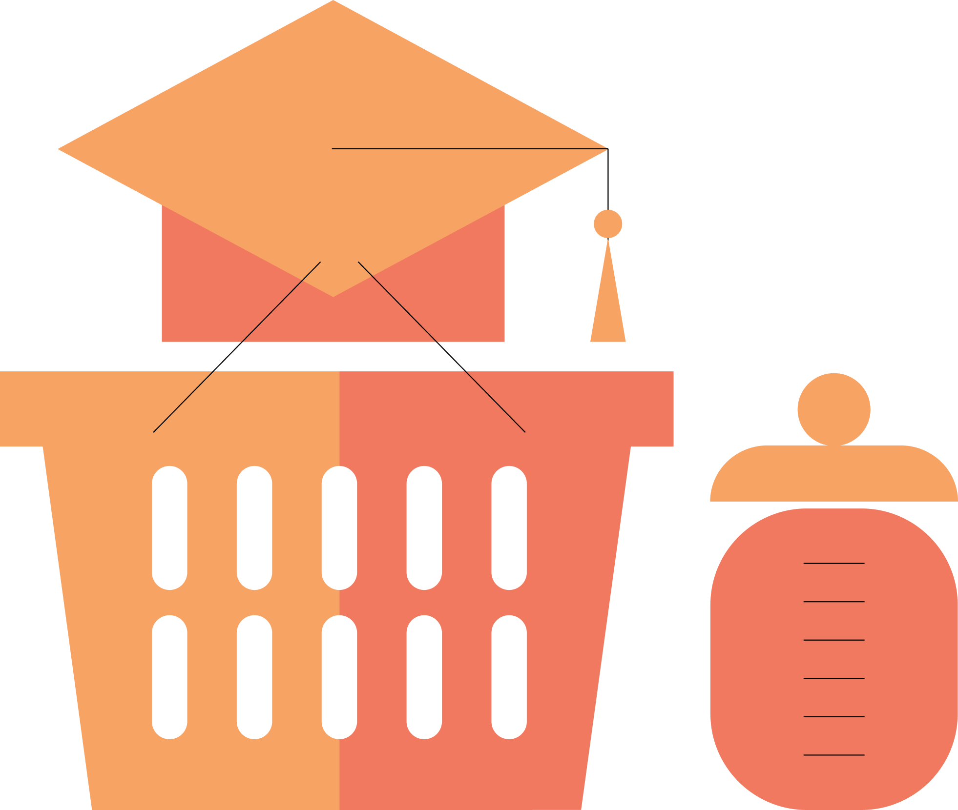 A stylized illustration shows a graduation cap above a basket and a baby bottle, symbolizing balancing education and parenting responsibilities.