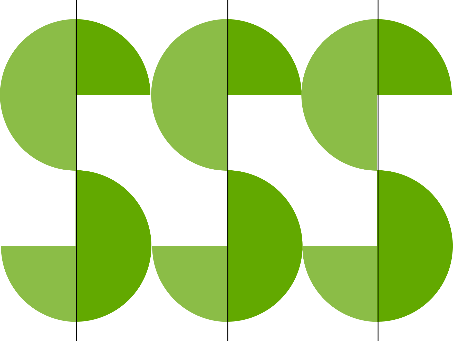 Abstract geometric pattern with large circles and semicircles in alternating light and dark green shades, divided by thin vertical black lines on a white background.