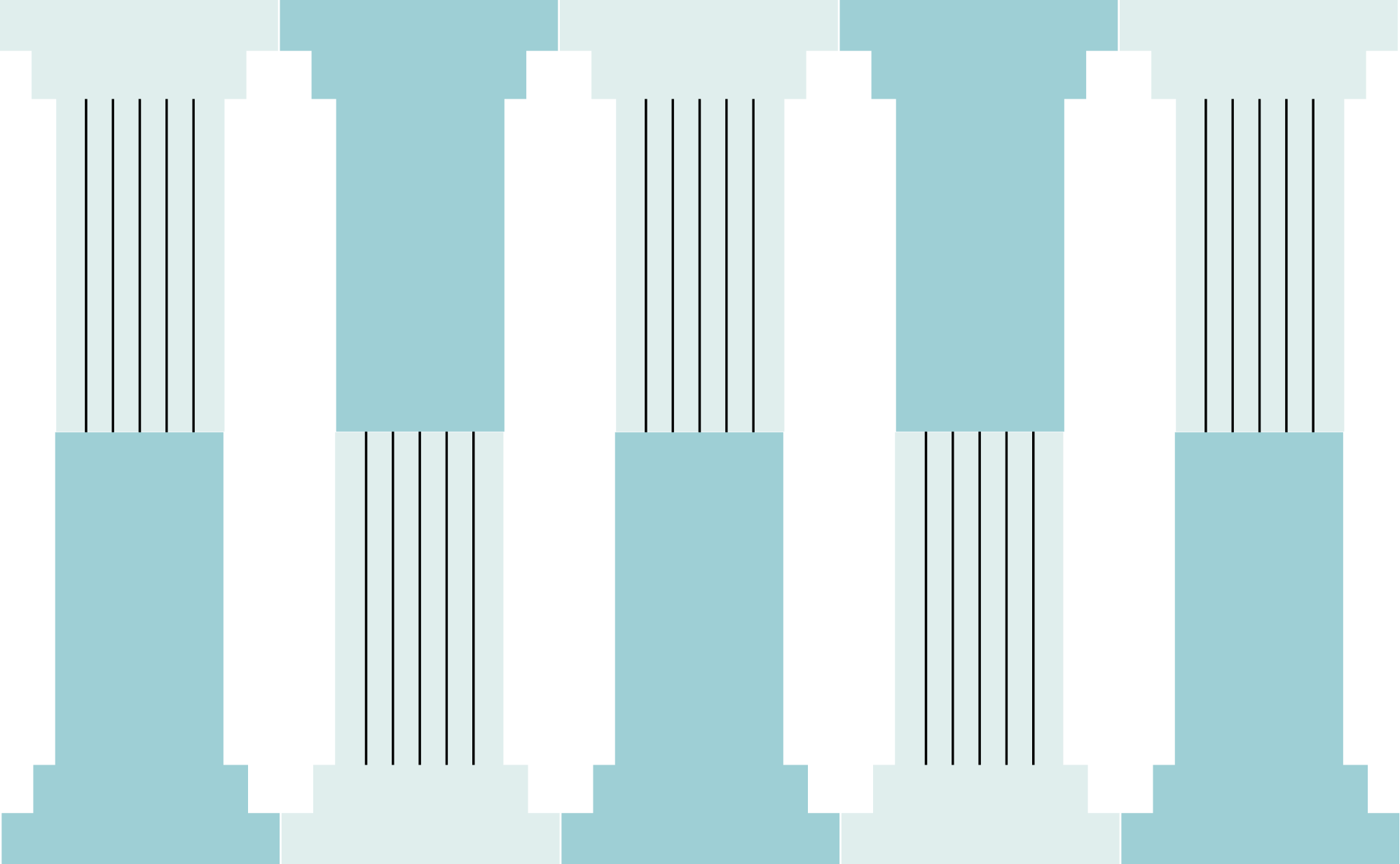 A geometric pattern with vertical white and light blue columns, alternating with sets of thin black vertical lines, all on a light blue and white background.