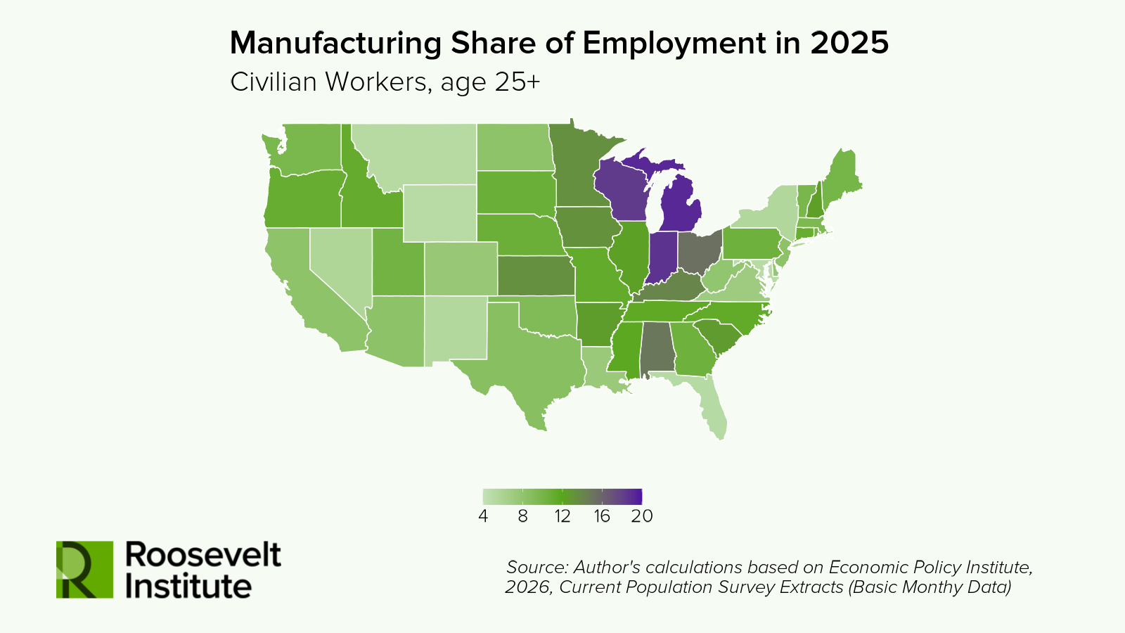 Map of the U.S. showing the manufacturing share of employment for civilian workers age 25+ in 2025. Darker purple and green highlight higher shares in the Midwest, especially Wisconsin, Indiana, and Michigan.