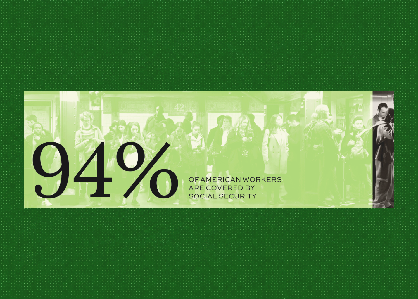 A green graphic shows 94% in large text with of American workers are covered by Social Security beside a faded image of people standing in line.