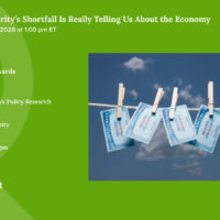 Green event flyer with session details and photos of Social Security cards on a clothesline; lists four panelists’ names, credentials, and organizations, along with the Roosevelt Institute logo.