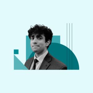 A person in a suit and tie is shown against a background with teal geometric shapes and lines on a light blue backdrop.