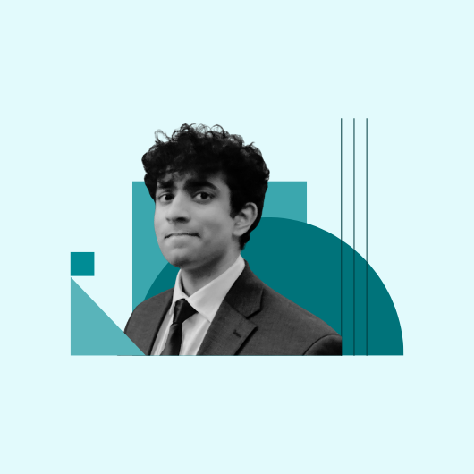 A person in a suit and tie is shown against a background with teal geometric shapes and lines on a light blue backdrop.