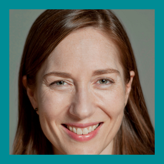 A woman with light skin and straight brown hair smiles gently at the camera. She is framed by a teal border.