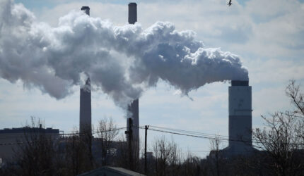 Three large smokestacks emit thick white smoke into the sky above trees and power lines, with a bird flying nearby; the scene suggests industrial air pollution.