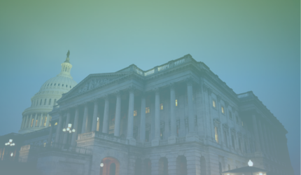 The U.S. Capitol building at dusk, with its dome and columns visible; the image has a blue and green gradient overlay.