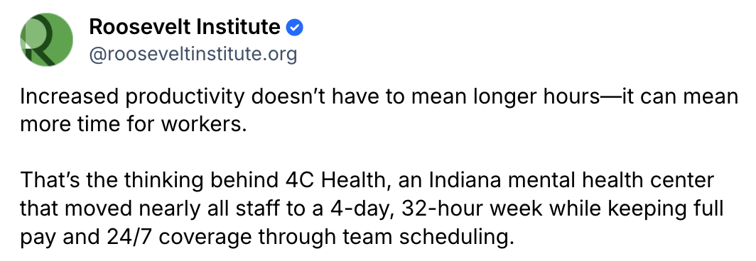A tweet from the Roosevelt Institute explains that increased productivity can give workers more free time. It cites 4C Health in Indiana, which shifted staff to a 4-day, 32-hour week with full pay and 24/7 coverage.