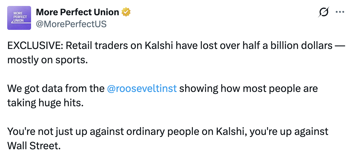 Tweet from More Perfect Union stating retail traders on Kalshi lost over $500 million, mostly on sports. Data from Roosevelt Institute reveals most people take huge hits and are competing with Wall Street, not just ordinary people.