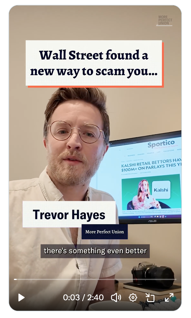 A man with glasses and a beard speaks to the camera in a room. Behind him, a computer screen shows a news article about Kalshi. On-screen text reads, Wall Street found a new way to scam you... and Trevor Hayes.
