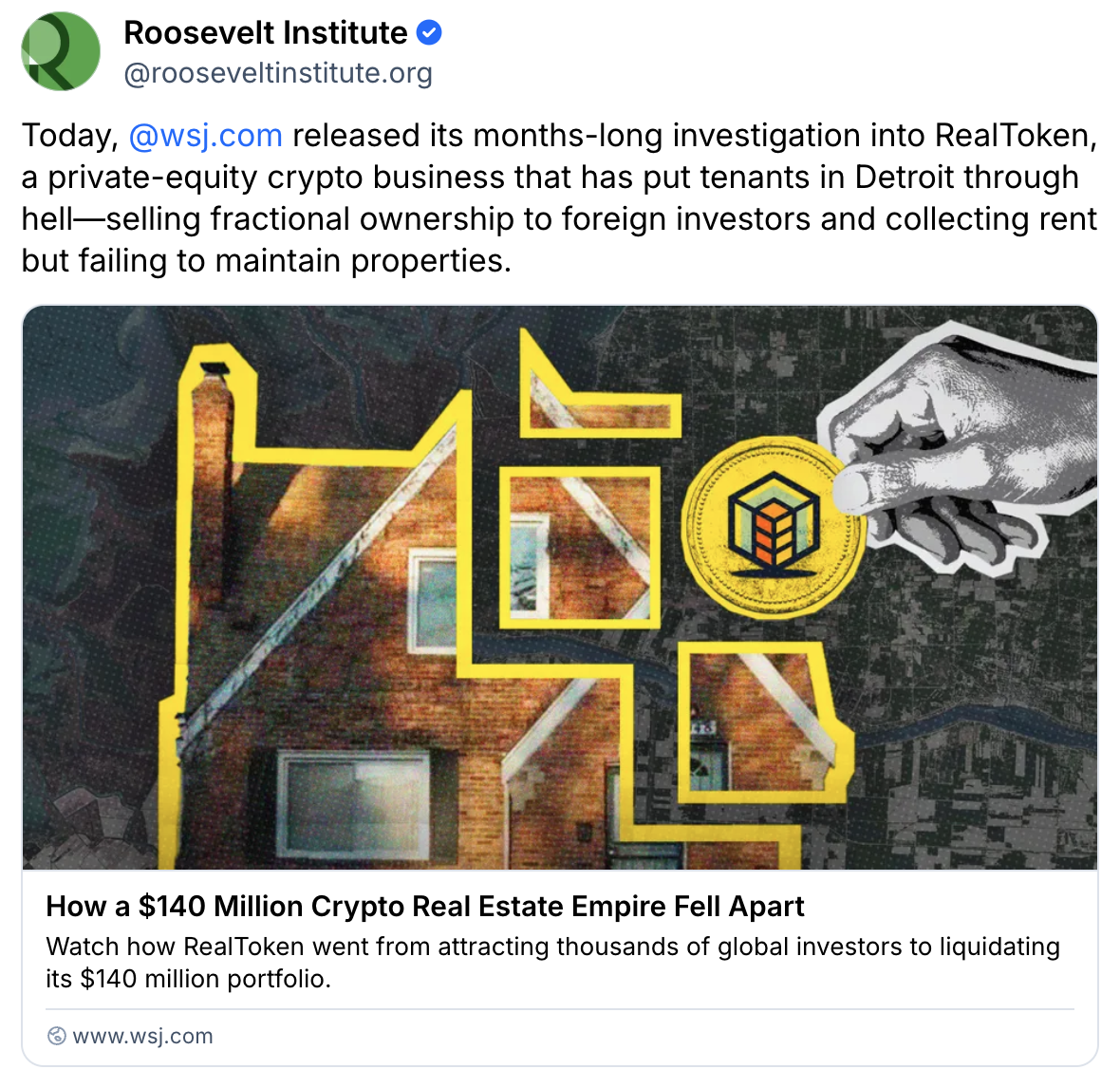 A hand holds a yellow crypto coin near a stylized Detroit map with highlighted houses, some outlined in yellow, symbolizing real estate investments and issues.