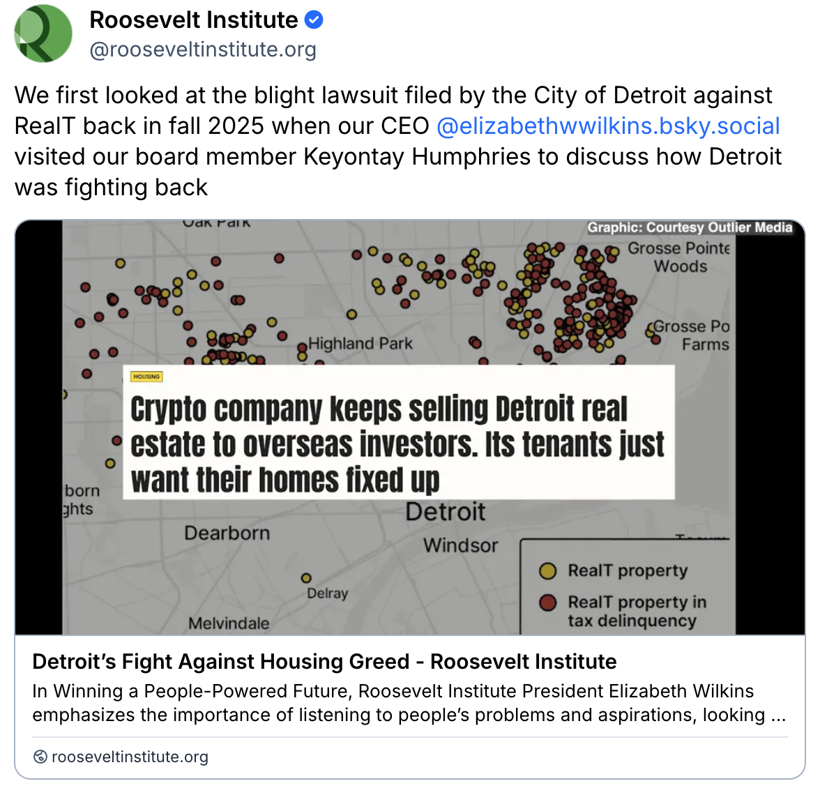 A map shows Detroit with dots marking RealT property, city-owned property, and neither. A headline reads, Crypto company keeps selling Detroit real estate to overseas investors. Its tenants just want their homes fixed up..