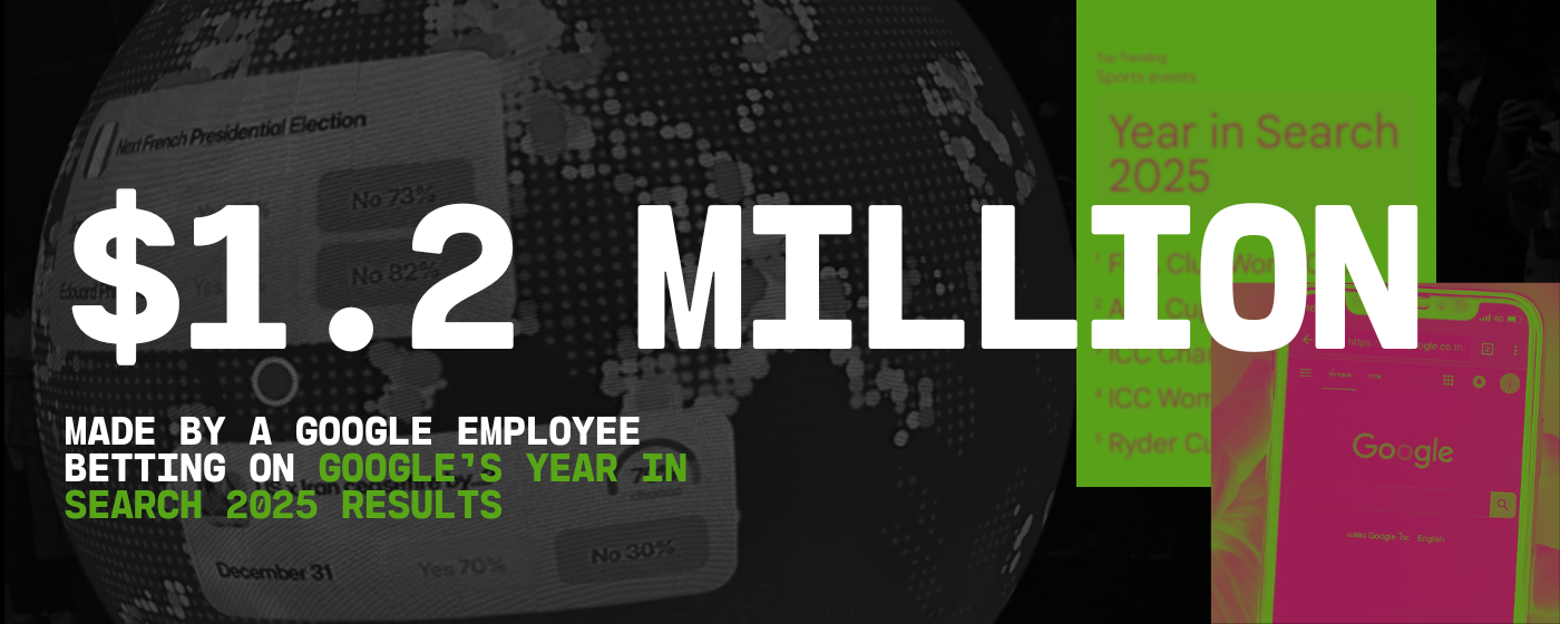 $1.2 million headline overlaid on dark backgrounds, with highlighted text: Google’s Year in Search 2025 results. Includes a smartphone and green-tinted screen with search-related graphics.