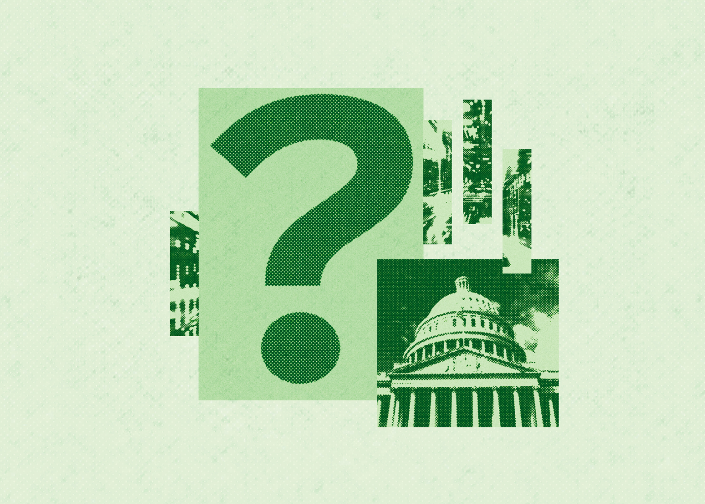 A large question mark overlaps images of the U.S. Capitol building and trees, all in green tones on a light green background.