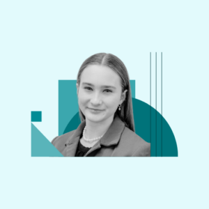 A young woman with straight hair, wearing a blazer and pearl necklace, smiles slightly. The background features teal geometric shapes and lines on a light blue backdrop.