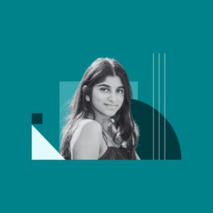 A woman with long hair smiles softly at the camera. The black-and-white photo is set against a teal background with geometric shapes, including a semicircle, square, and lines.