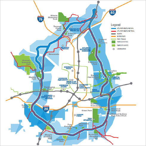 Map of Atlanta showing highways, parks, MARTA rail, Atlanta BeltLine Trail, and PATH trails. Color-coded lines and icons indicate locations of nature, parks, rail lines, and major roads, with a legend for easy reference.