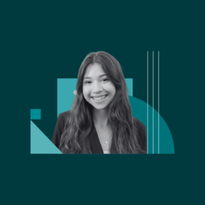 A young woman with long hair smiles at the camera. The image is black and white with teal geometric shapes in the background, including rectangles, triangles, and curved lines.