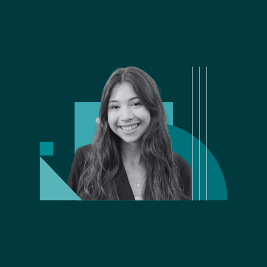 A young woman with long hair smiles at the camera. The image is black and white with teal geometric shapes in the background, including rectangles, triangles, and curved lines.