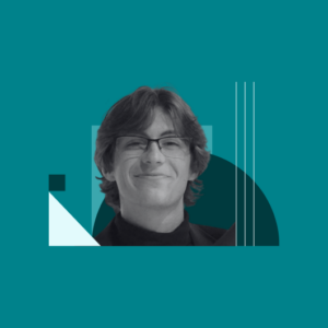 A person with medium-length hair and glasses smiles at the camera, framed by abstract geometric shapes on a teal background.