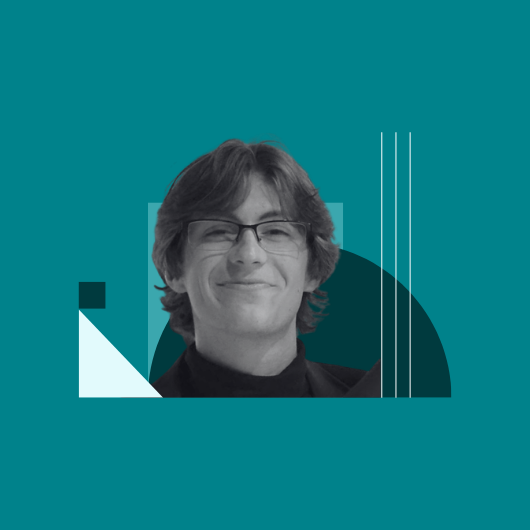 A person with medium-length hair and glasses smiles at the camera, framed by abstract geometric shapes on a teal background.