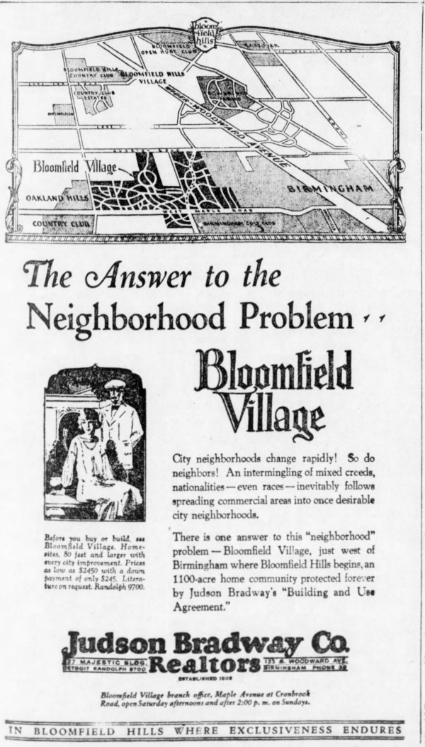 A vintage ad for Bloomfield Village includes a map, illustration of a family, and text promoting exclusive real estate by Judson Bradway Co. Realtors.