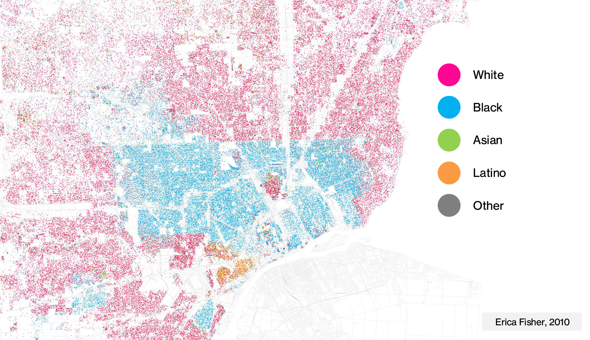 A dot map shows racial distribution in a city: pink for White, blue for Black, green for Asian, orange for Latino, and gray for Other. Dots cluster by color, illustrating segregation patterns.