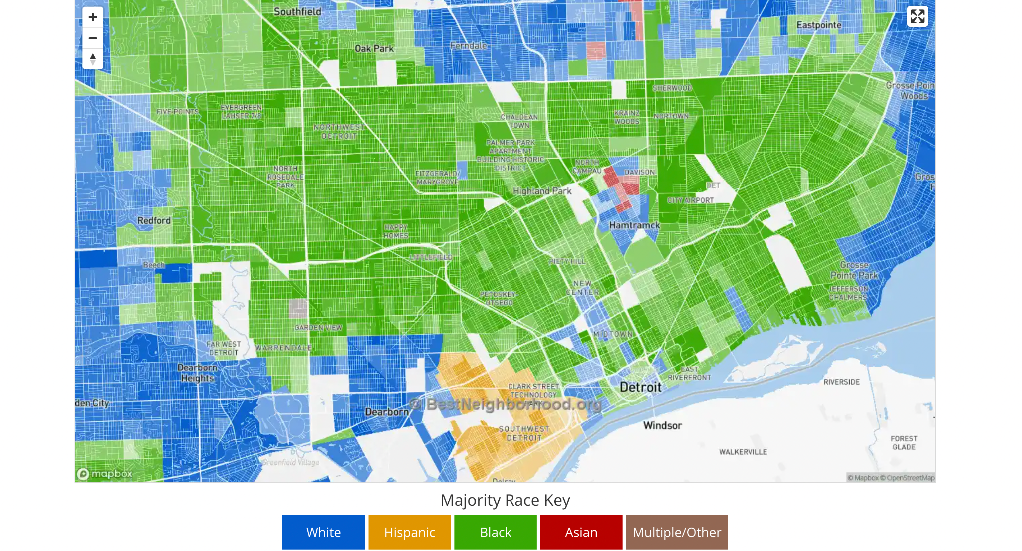 A map of Detroit showing neighborhoods shaded by racial majority: green for Black, blue for White, orange for Hispanic, red for Asian, and yellow for Multiple/Other, with a color key at the bottom.
