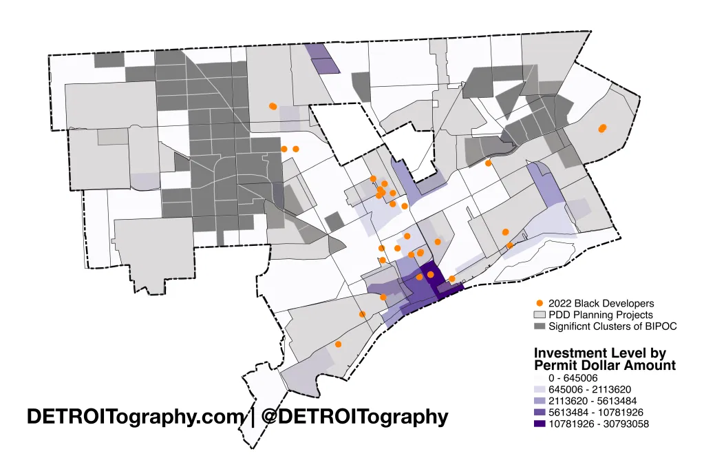 Map of Detroit showing 2022 Black developer projects as orange dots, BIPOC clusters as gray polygons, and areas shaded by dollar amount of development permits, from light ($65K) to dark purple ($3M+).