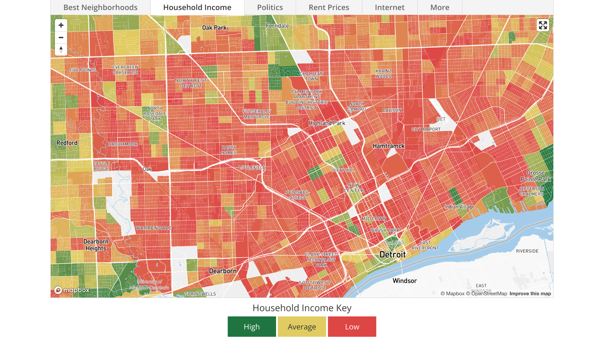 A map of Detroit showing household income by neighborhood, using color blocks: red for low, yellow for average, and green for high income. Most areas are red, with a few yellow and green blocks.