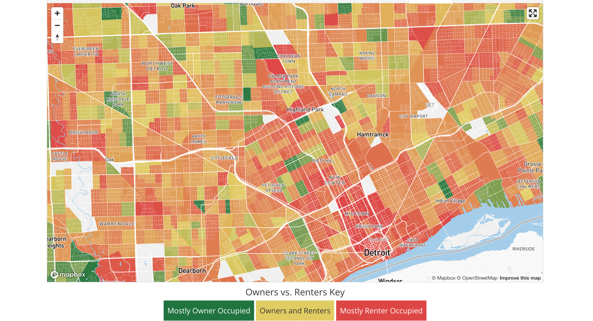 Map of Detroit with blocks color-coded: green for mostly owner-occupied homes, orange for mixed, red for mostly renter-occupied. Most central areas are red; outskirts transition to green. Key included at the bottom.