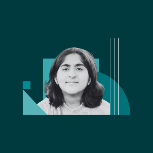 A person with shoulder-length hair, wearing a light sweater, is centered in a graphic design with teal geometric shapes and lines on a dark teal background.