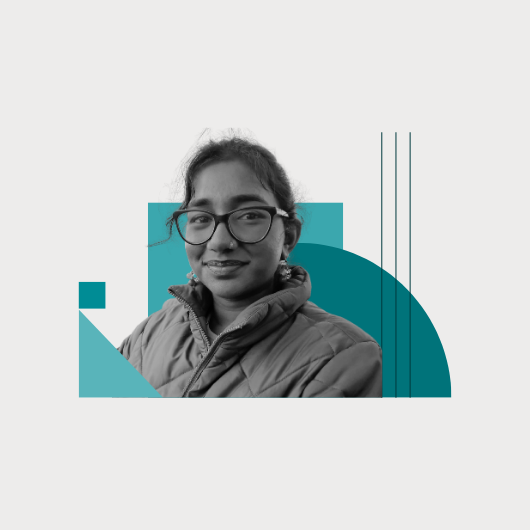 A person wearing glasses and a jacket is smiling slightly. The image is in black and white with teal geometric shapes in the background.
